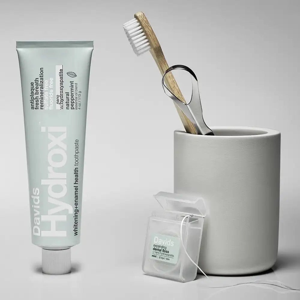 Davids Essential Whitening Bundle /  nano hydroxyapatite toothpaste + tongue scraper + toothbrush + floss