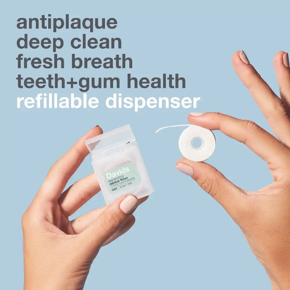 Davids Hydroxi™ expanding dental floss / refillable dispenser + refill / mint / 60m