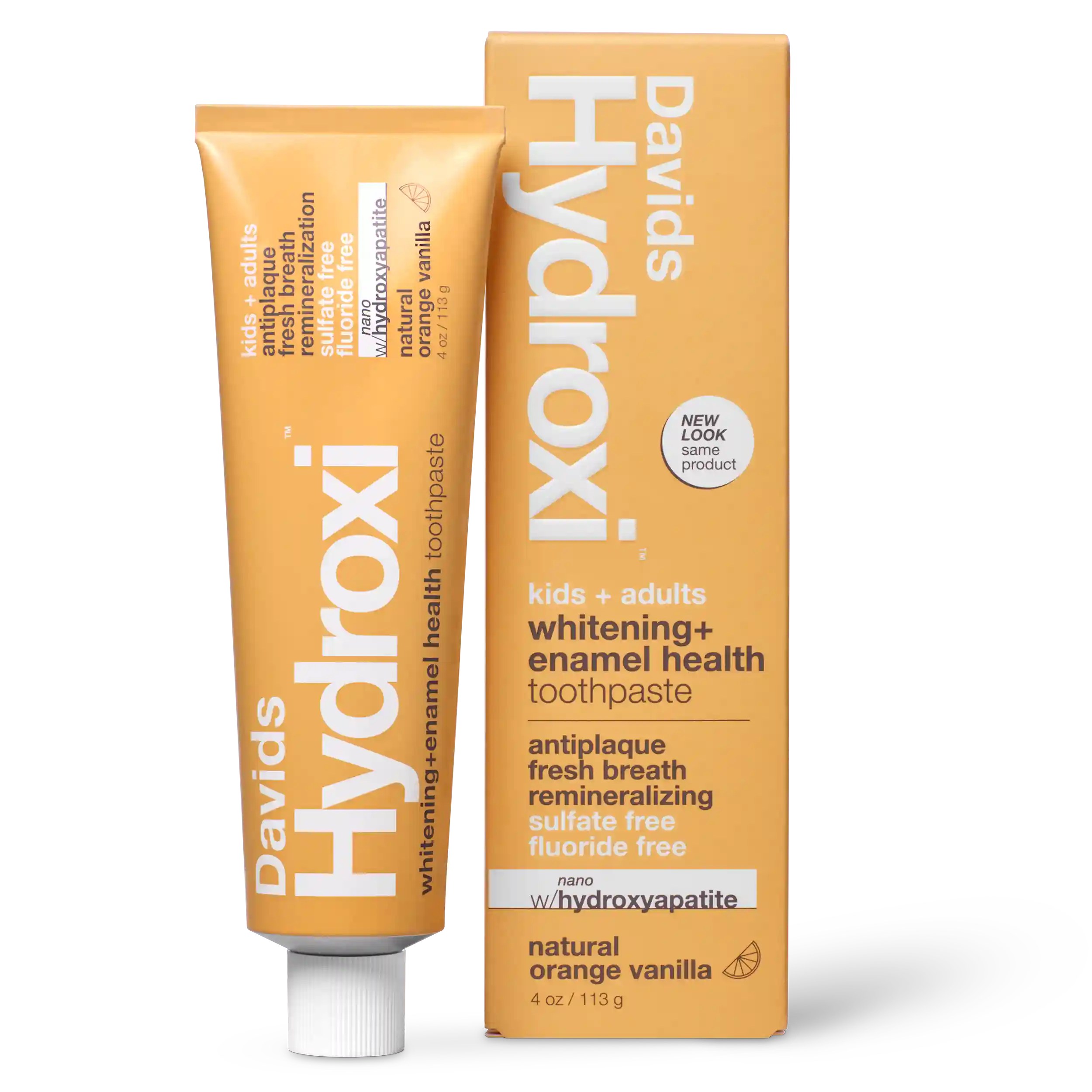 Davids Hydroxi™ whitening + enamel health, nano-hydroxyapatite toothpaste, kids + adults / orange vanilla